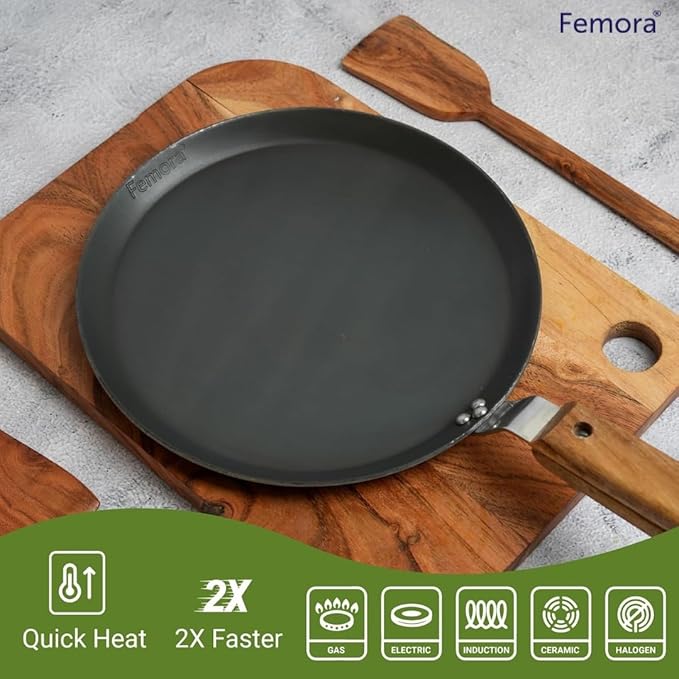 Femora 12 Inchs Iron Flat Tawa With Wooden Handle | Tawa for Roti