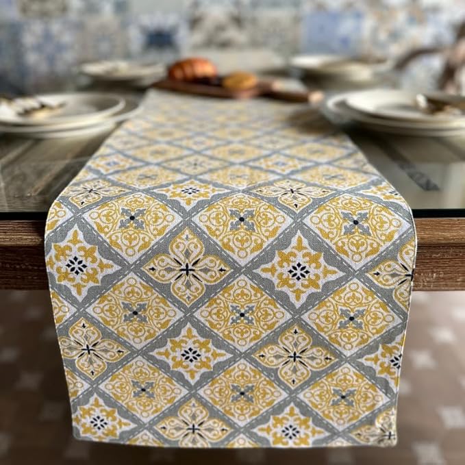 Oak & Lily Table Runner in Yellow & Grey Print Washable 4 Seater & 6 Seater Dining Center
