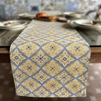 Oak & Lily Table Runner in Yellow & Grey Print Washable 4 Seater & 6 Seater Dining Center