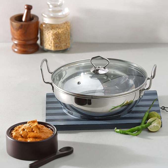 Vinod Stainless Steel Kadhai with Glass Lid - 2.7 Litre, 24cm | Extra Thick, SAS Heavy Bottom | Kadai for Cooking