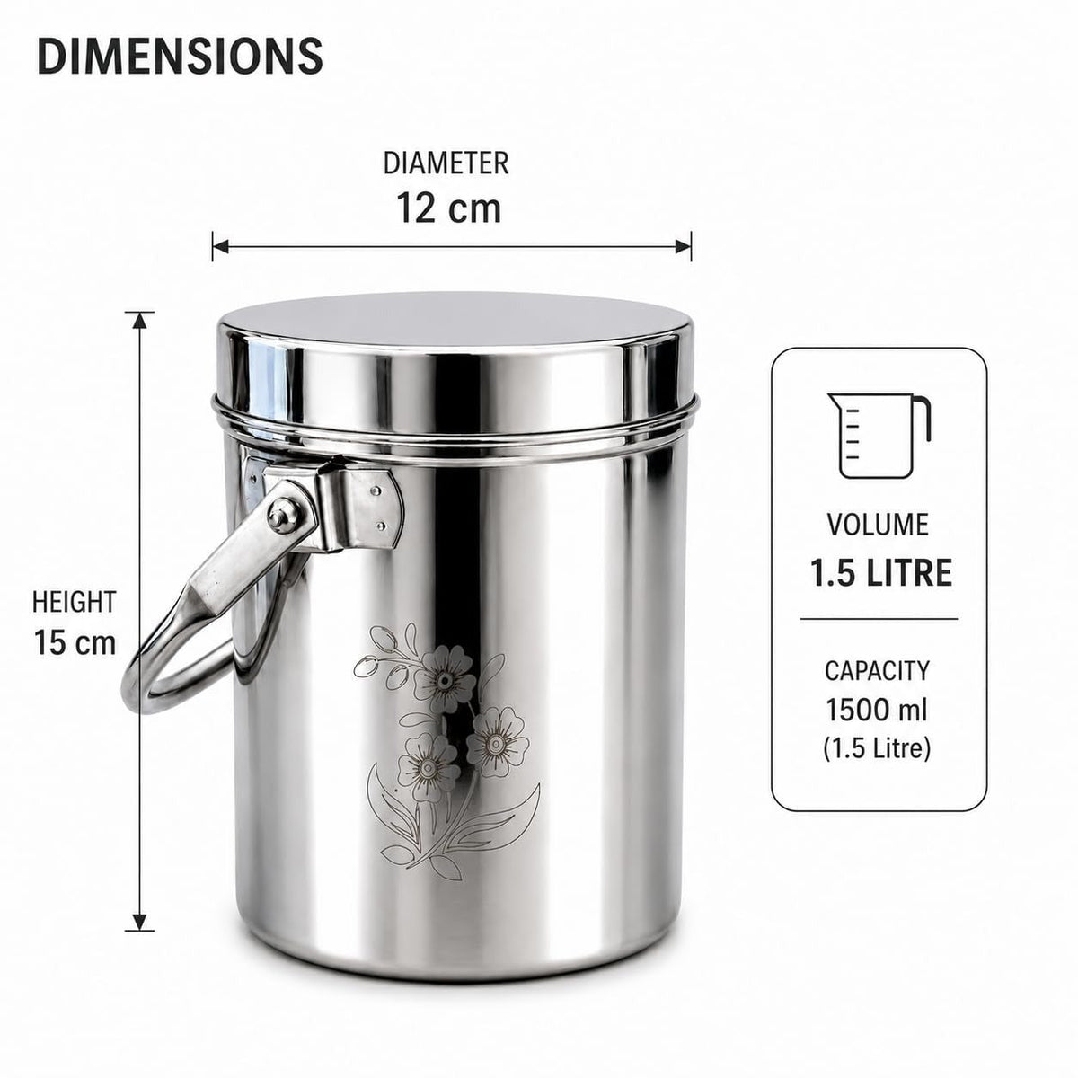 KC Stainless Steel Multipurpose Storage Container, Milk Pot with Airtight Lid, Handle, Floral Engraved - (1 litres)