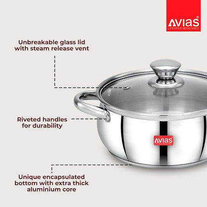 Avias Inox Ib Belly Cookpot 18cm Stainless Steel Cookpot with Glass Lid