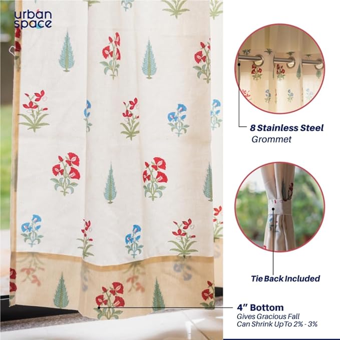 Urban Space Cotton Curtains for Door Set of 2 with Eyelets and TieBack(Colour High GardenRed)