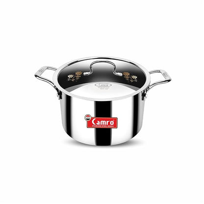 Camro Triply Artisian Serving Pot with Lid 14 No 2.9 Liters Induction Friendly Dishwasher Safe