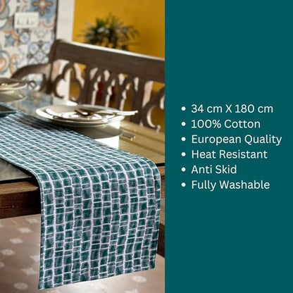 Oak & Lily Table Runner in Green & White Geometric Print Washable 4 Seater & 6 Seater