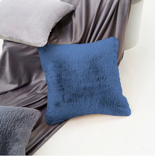Luxe Home Cushion Cover One Side Rabbit Fur Plain Design Covers Set of 2 Colour Blue