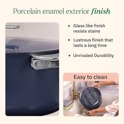 Ember Cookware Arcilla Ceramic Non Stick Dutch Oven 24cm | Metallic Lid | Stainless Steel Handles | Non Toxic Biryani Pot | Terracotta