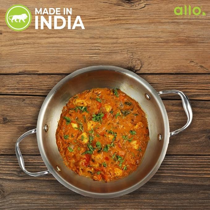 Allo Triply Stainless Steel Kadhai with Handles Perfect Kadhai for Curry 18cm 1.2 litres Non-Stick with Lid
