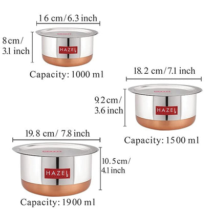 Hazel Utensils Set for Kitchen Set of 3 (1 L, 1.5 L & 1.9 L Capacity) Copper Bottom Utensils