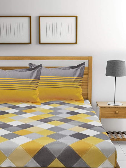 Huesland by Ahmedabad Cotton 144 Tc Cotton Double Bedsheet With 2 Pillow Covers | Yellow | Grey