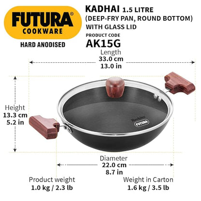 Hawkins Futura 1.5 Litre Deep Fry Pan Hard Anodised Kadai with Glass Lid