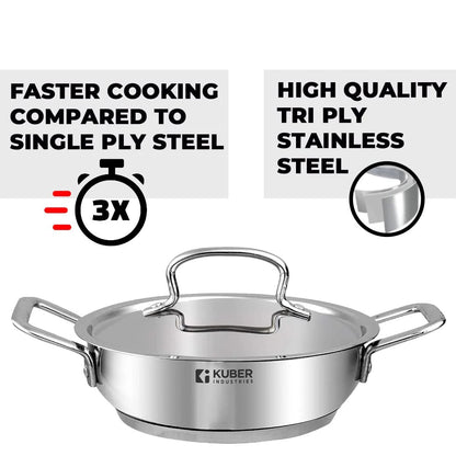 Kuber Industries Stainless Steel Tri-Ply Kadhai 2.2L with Lid + Casserole 2L Induction Base Extra Deep