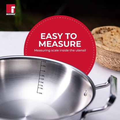 Bergner Tripro Triply 30 Cm Deep Kadai | 6 L Capacity | Stainless Steel Lid | Wide Grip Handles