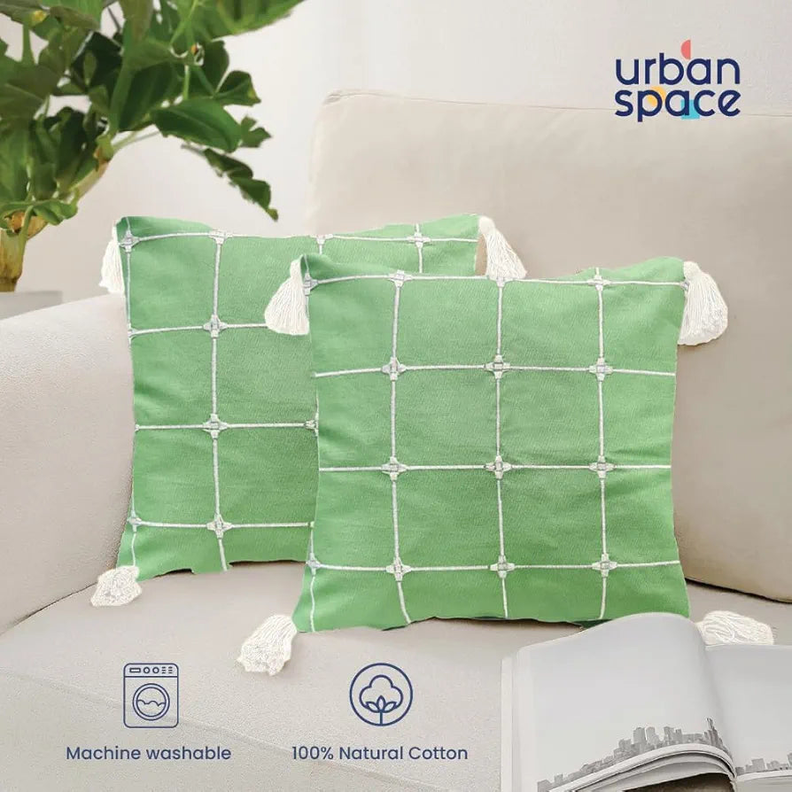 Urban Space Embroidered Cotton Cushion Cover Set of 2 Cushion Covers for Sofa, Bedroom, Living Room Aura Checks Green