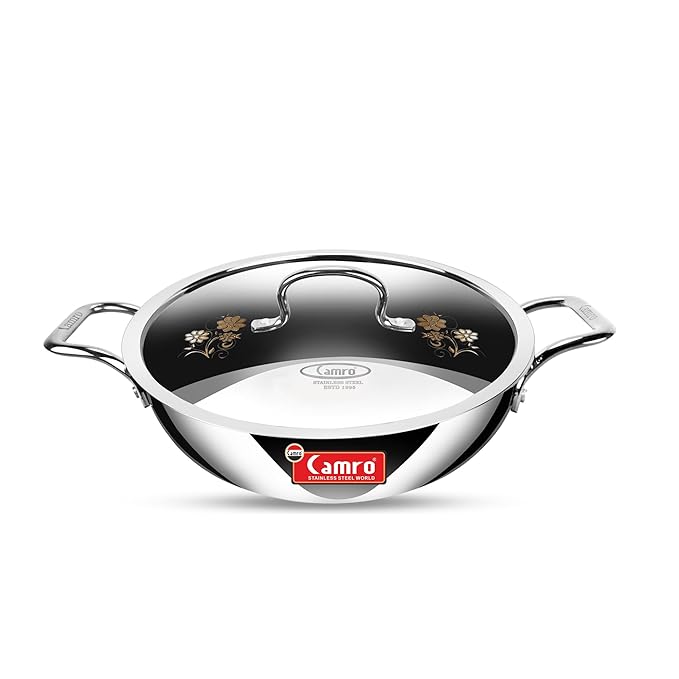 Camro Tripro Triply Signature Kadhai with lid 18 Cm 1 Liters Capacity Stainless Steel Lid for Curry