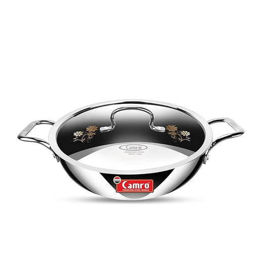 Camro Tripro Triply Signature Kadhai with lid 18 Cm 1 Liters Capacity Stainless Steel Lid for Curry