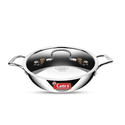 Camro Tripro Triply Signature Kadhai with lid 24 Cm 2.4 Liters Capacity Stainless Steel Lid for Curry