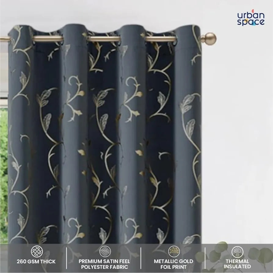 Urban Space Pure Blackout Opaque Curtains for Living Room, Gold Foil Printed Luxurious Blackout Opaque Curtains 1 Piece Pack Floral Vine Grey