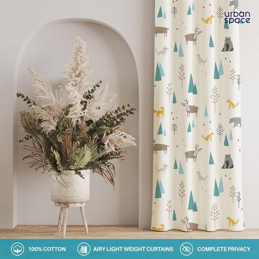 Urban Space Cotton Curtains for Door Set of 2 with Eyelets and TieBack (Colour Reindeer Multicolour)