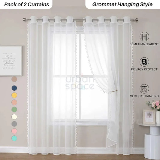 Urban Space Linen Textured Sheer Curtain for Door Living Room Room Darkening, Decorative Curtains with Eyelets, Set of 2 Curtains White Colour