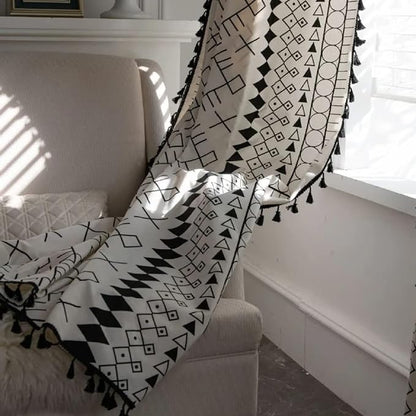 Huesland Cotton Curtains for Windows, 5 Feet Long 1 Bohemian Eyelet Curtain | Boho Tribal White & Black