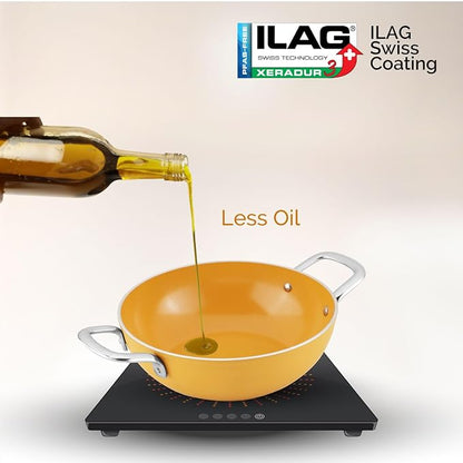 Salford Forged Ceramic Non-stick Kadai With Glass Lid & Tubular Ss Handle | Mustard Yellow | 240mm | 2.5 Litre