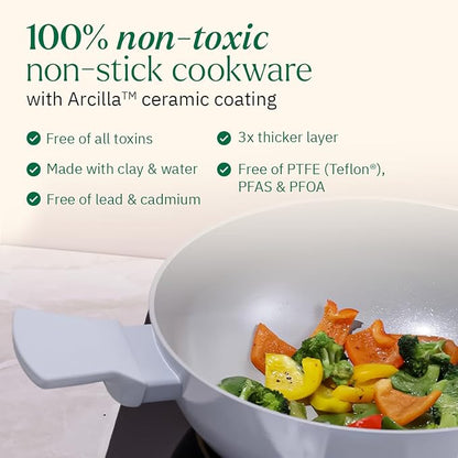 Ember Cookware Arcilla Ceramic Non Stick Kadai 24cm | Metallic Lid | Matching Handles | Florence Series | Green