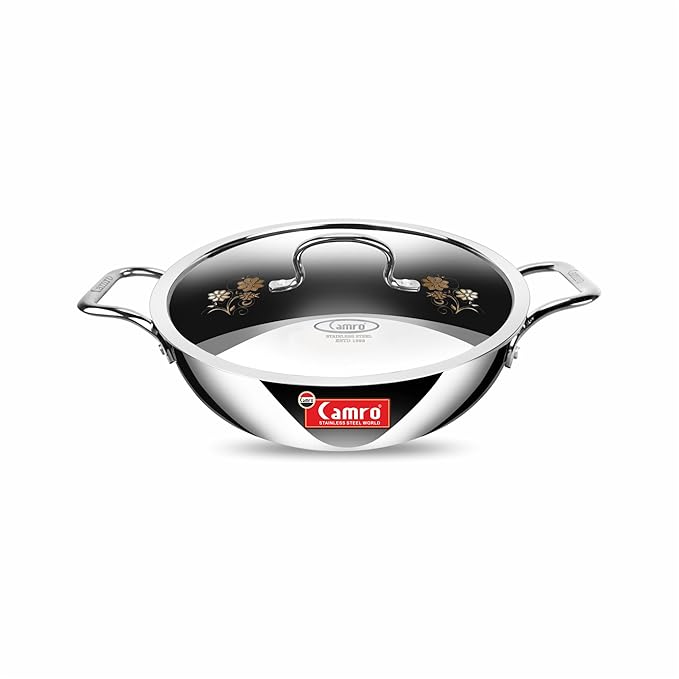 Camro Triply Artisian Kadhai With Lid 28Cm 4.4 Liters kadhai Steel Stainless Kadhai For Deep Frying