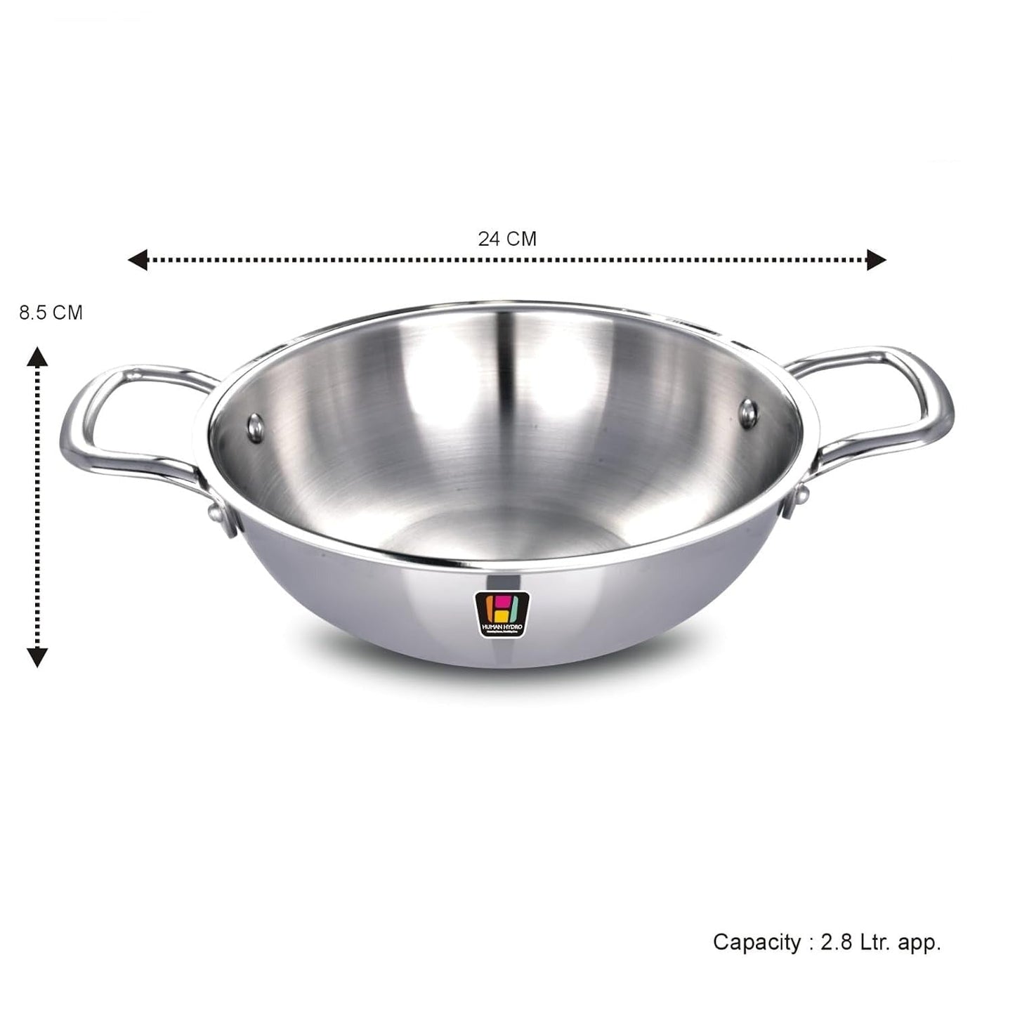 Human Hydro Tri-Ply Stainless Steel Kadai 24cm 2.8L No Lid Induction Gas
