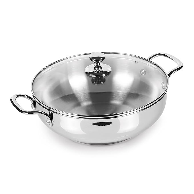 Milton Pro Cook Stainless Steel Sandwich Bottom Kadhai with Glass Lid, 20 cm / 1.68 litres - 1060 gms