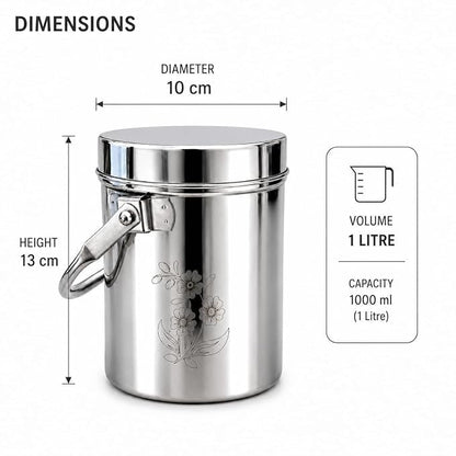 KC Stainless Steel Multipurpose Storage Container, Milk Pot with Airtight Lid, Handle, Floral Engraved - (1 litres)