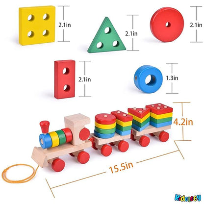 Kidology Wooden Train Geometric Shape Sorter & Stacking Blocks Toddler Toys for Kids