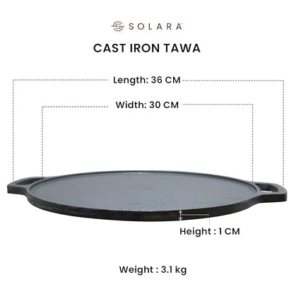 Solara Cast Iron Tawa for Dosa 12" Inch | 30 Cm | Gas & Induction Friendly, Dosa Pan Cast Iron, Cast Iron Cookware