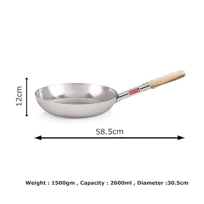 Hazel Stainless Steel Fry Pan Tapper Pan Tawa Tavi with Wooden Handle for Cooking and Frying, 31.5 cm, 2800 Ml