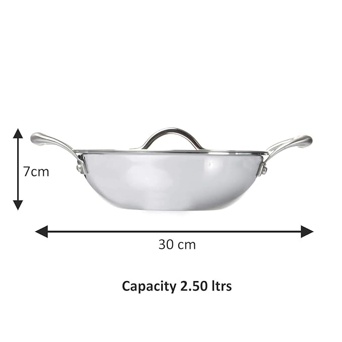 Fackelmann Triply Stainless Steel Kadai with Designer Lid 24 cm 2.50 litres Silver