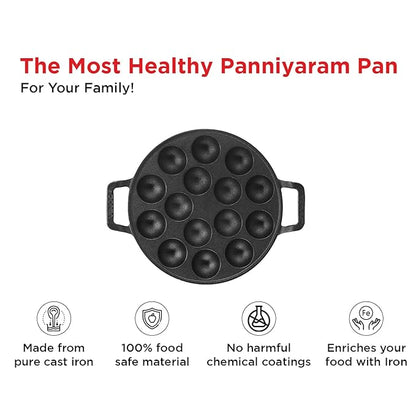 Vinod Legacy Cast Iron Stick Free Paniyarakkal Pan - 15 Cups | 25cm