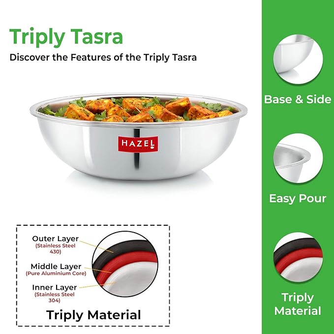 Hazel Triply Stainless Steel Cookware Triply Steel Tasra Kadai with Lid 1.5 litres Heavy Bottom