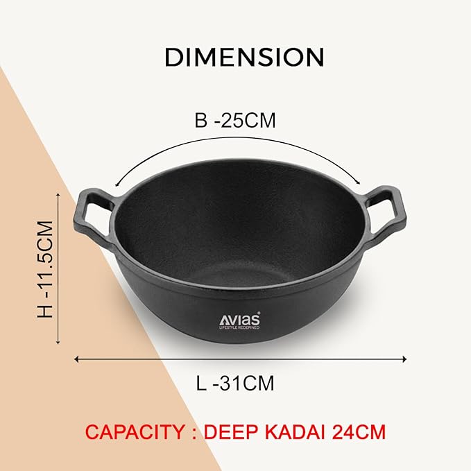 Avias Cast Iron Kadai for Deep Frying 24cm Kadhai Used for Cooking & Stir Fry