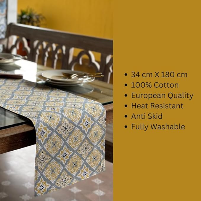 Oak & Lily Table Runner in Yellow & Grey Print Washable 4 Seater & 6 Seater Dining Center