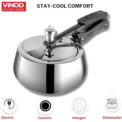 Vinod Europa Stainless Steel Inner Lid Pressure Cooker - 3 Litres | Handi Shape | Sandwich Bottom Cooker | Induction and Gas Base