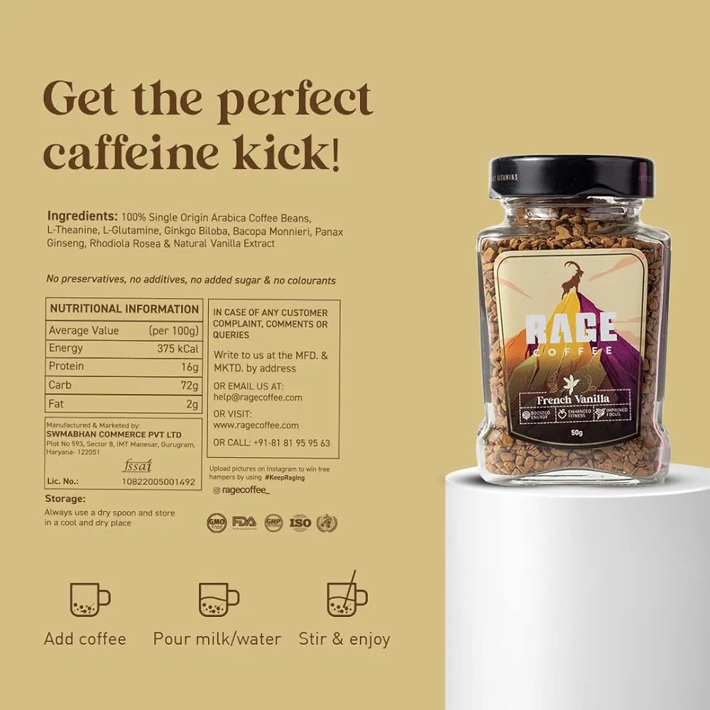 RAGE COFFEE Instant Coffee French Vanilla With 100% Arabica Beans Infused With Plant Based Vitamins| Hot & Cold Coffee | Strong Aroma With Rich Taste - Bottle, 50 Gram