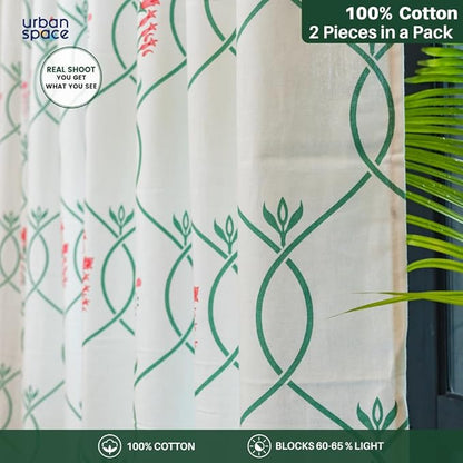 Urban Space Cotton Semi Sheer Curtains for Door Set of 2 with Eyelets and Tieback (Clour Floral Ripples Pink & Green)