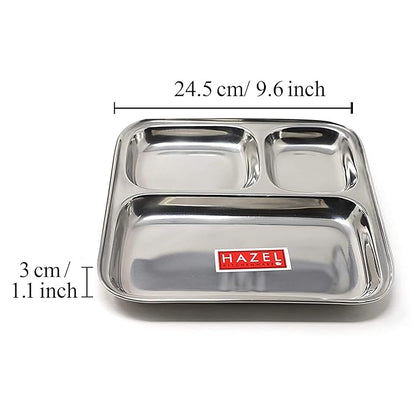 Hazel Pav Bhaji Plates for Restaurant Small Stainless Steel Compartment Plate 3 in 1 Mess Plate Steel