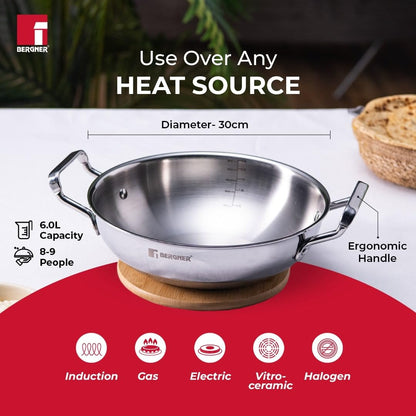 Bergner Tripro Triply 30 Cm Deep Kadai | 6 L Capacity | Stainless Steel Lid | Wide Grip Handles