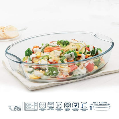 Borosil Borosilicate Glass Oval Baking Oven & Microwave Safe Dish | 2.5 Litres | Transparent