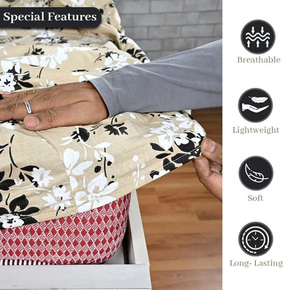 Divine Casa Floret 100% Cotton King Fitted Bedsheet 144 TC Deep Pocket Design Soft & Breathable Fabric Colour Ivory Sunflowers