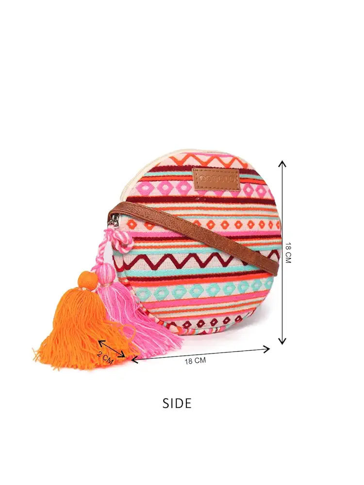 Astrid Round Textured Sling Bag For Girls With Zip Colour Maroon