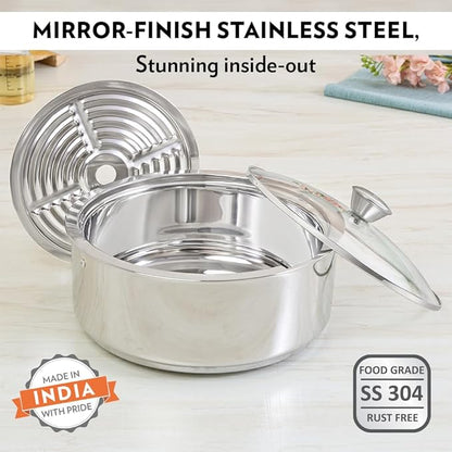 Borosil 2.5 L Stainless Steel Insulated Roti Server | Odur Proof, Food Grade, Toughned Glass Lid, Puf Insulated | Chapati Casserole