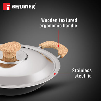 Bergner Bellini Plus Aura 5-layer Non-stick 20 Cm Appachetty With Stainless Steel Lid, Wooden Finish Soft Touch Handle