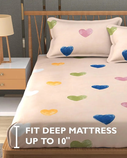 Fresh From Loom Floral Print 240 TC King Size Fitted Bedsheet Set 2 Pillow Covers Heart-Brown